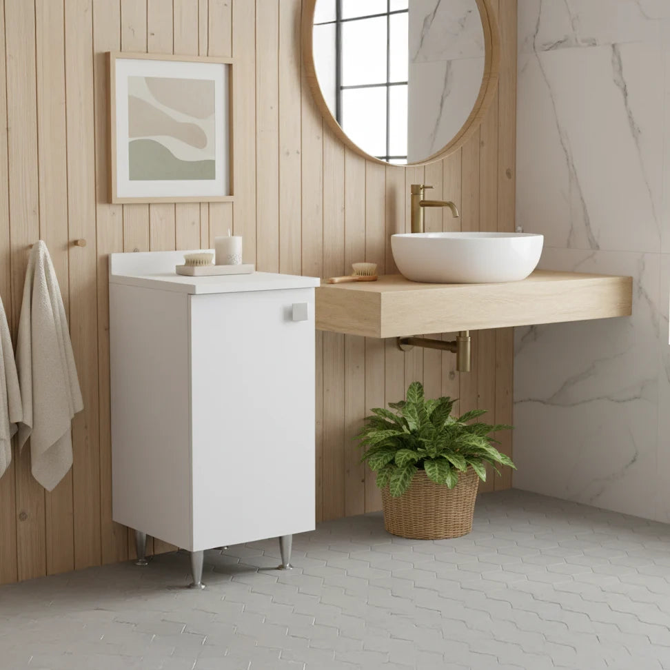 Mobiletto Base 1 Anta Bianco | Armadietto Salvaspazio Moderno con Ripiano Regolabile | Già Assemblato per Bagno, Lavanderia, Ingresso, Studio e Balcone