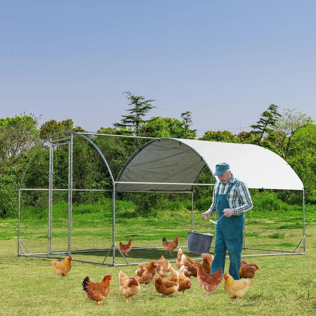 Pollaio per Galline da Esterno, Recinto per Polli in Metallo Zincato con Copertura in PE, Abitazione a Forma di Cupola per Anatre e Conigli per Cortile e Fattoria