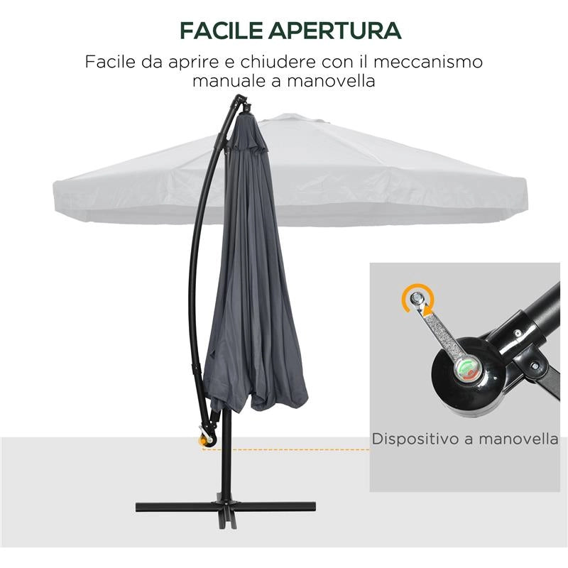 OMBRELLONE DA GIARDINO 3X3 M CON ZANZARIERA APERTURA A MANOVELLA E BASE A CROCE GRIGIO SCURO
