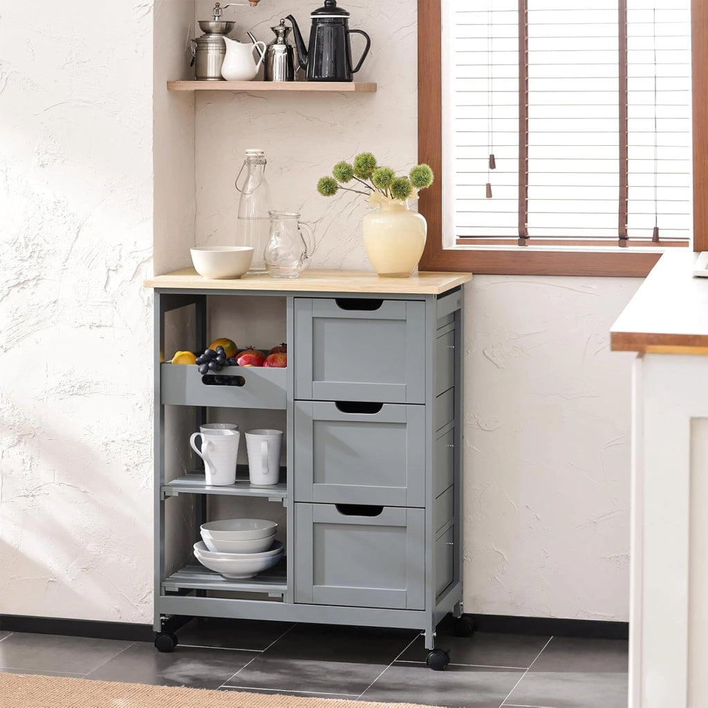 Carrello Cucina con 3 Cassetti e 1 Cestino, Mobiletto Cucina Salvaspazio con 4 Ruote Girevoli, Credenza Cucina o Bagno, Mobiletto Cucina Dispensa, L68 x P38 x A85 cm, grigio,FKW79-HG