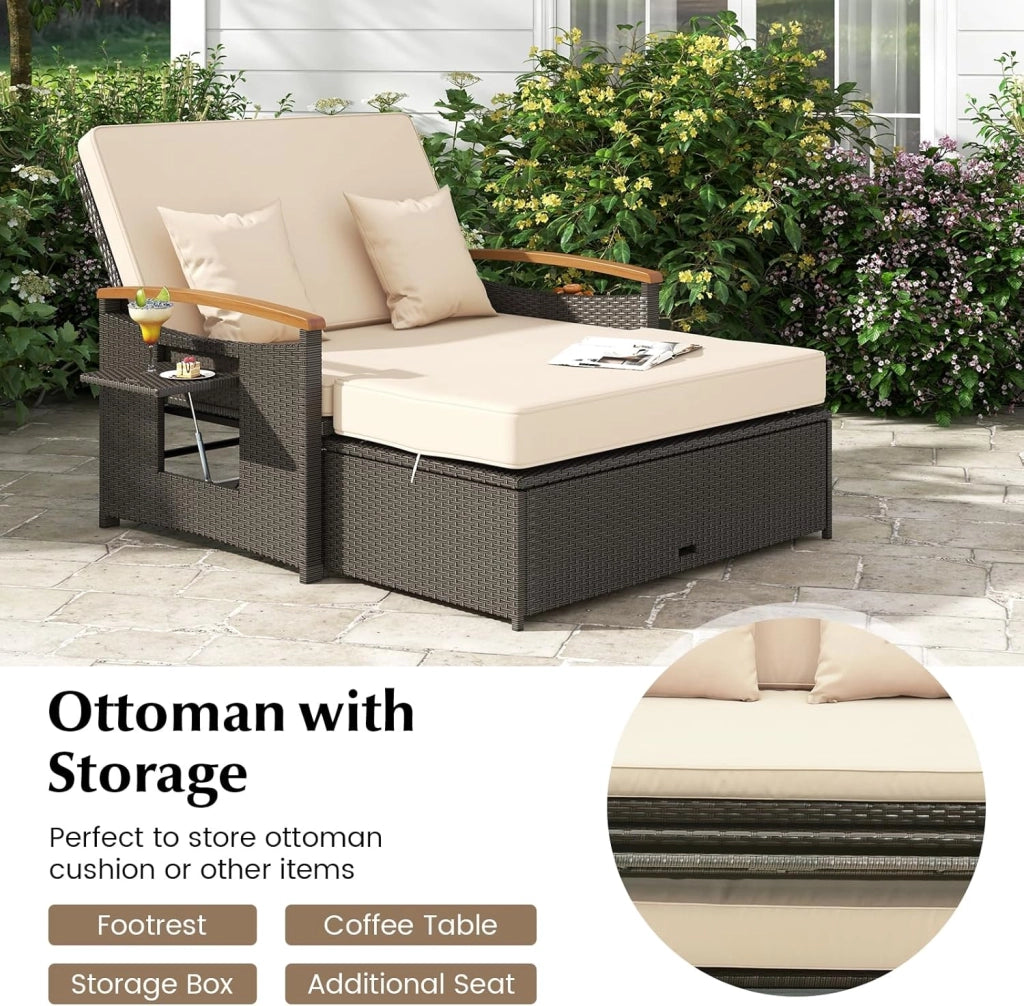 Divano da Giardino in Rattan a 2 Posti con Funzione Allungata, Set di Mobili in Rattan con Sgabello, Doppia Sedia a Sdraio per 2 Persone, 3 Colori (Cuscino Beige)