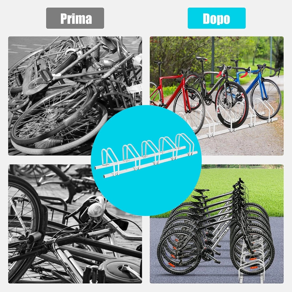 Rastrelliera per Biciclette, Portabiciclette Parcheggio Organizzatore per 4/5/6 Bici, Parcheggio per Biciclette, Telaio d'Acciaio (Argento, 5 Bici)