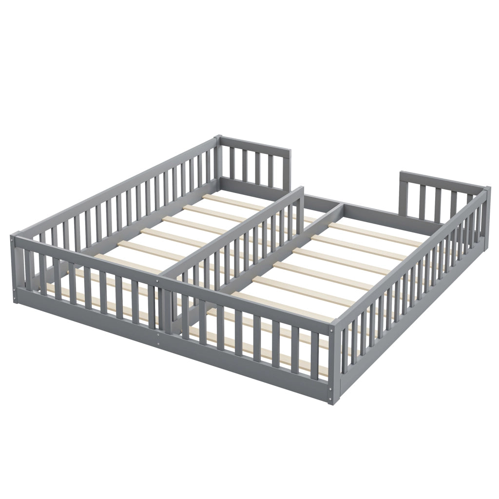 OKWISH Letto Bambino 90×200 cm, Letto Singolo a Terra con 2 Posti Letto, Sponde di Sicurezza, con Doghe e senza Materasso, Grigio