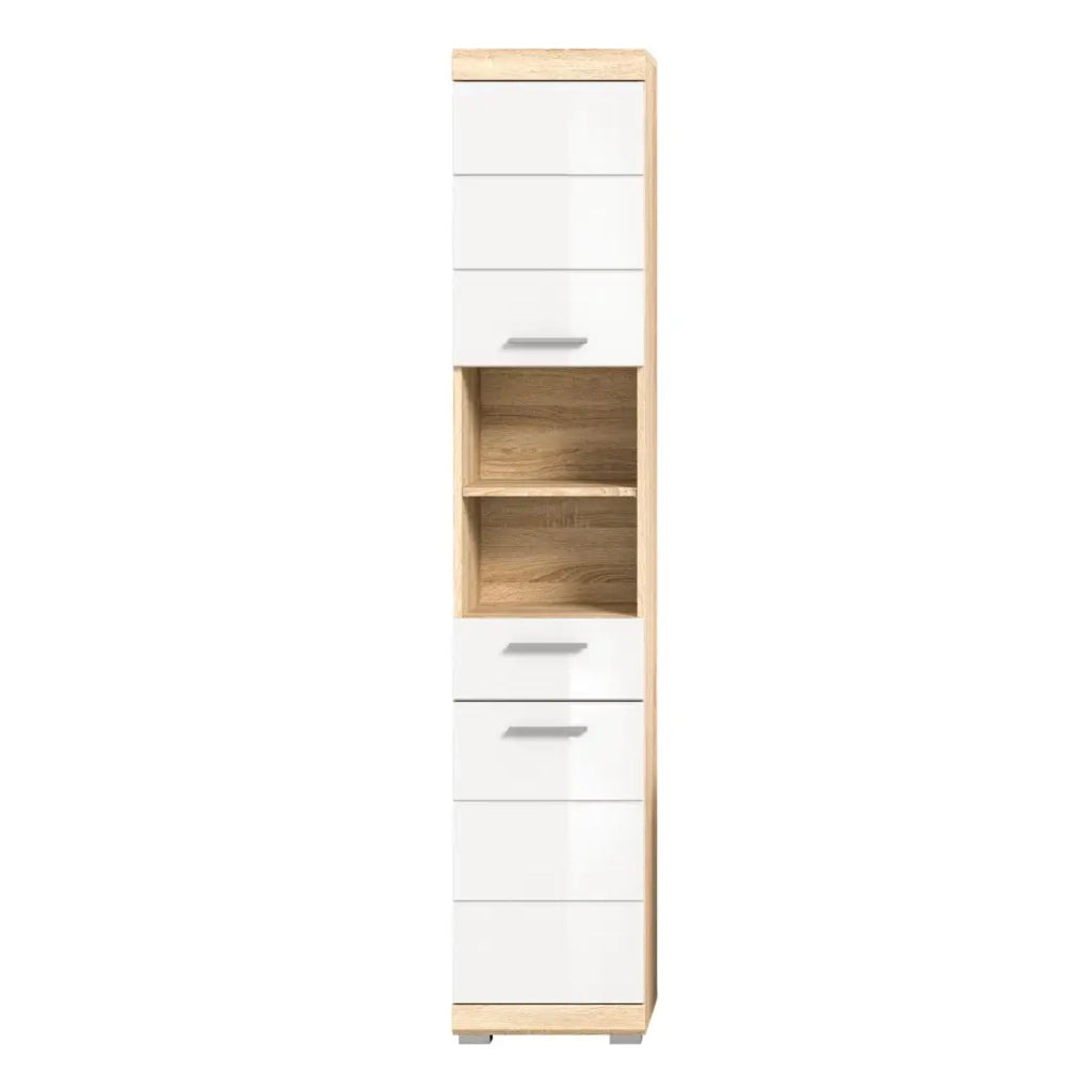 Colonna da bagno LEWOTO – 2 porte, 1 cassetto – Bianco e rovere chiaro
