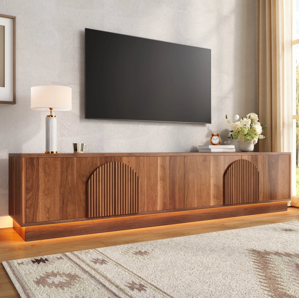 Mobile TV 180x40x44.5 cm con porte push-to-open; LED multicolore; MDF e metallo; noce