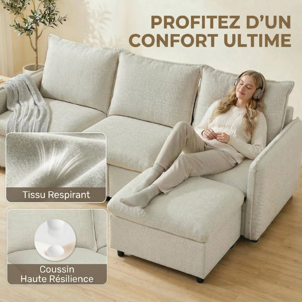 Divano Angolare 3 Posti con Pouf Contenitore ¨C Zephmum ¨C Tessuto Lino, Cr¨¨ma, 212 cm