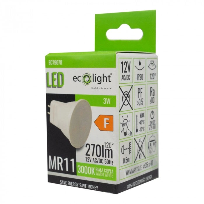 Lampadina LED anti-sfarfallio MR11 3W 12V 3000K 270lm Ecolight