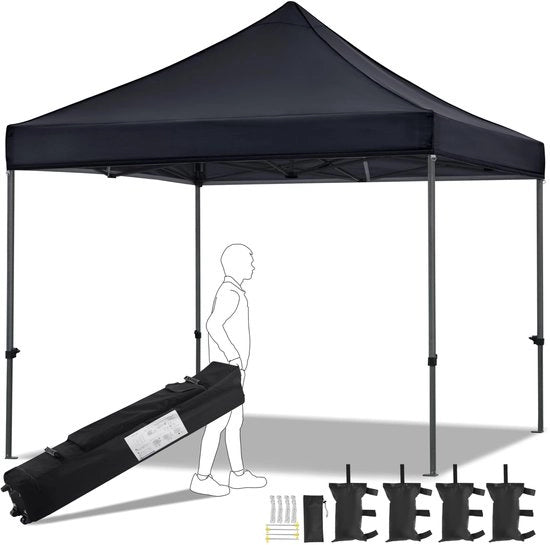 Pavilione da giardino 3x3 m impermeabile, con sacchetto con ruote, tenda stabile a pop-up regolabile in altezza, protezione UV 50+, nero