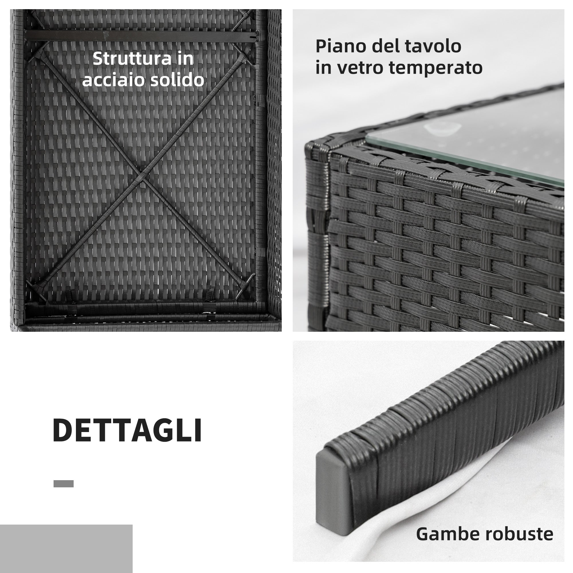 Set Salotto da Giardino Divano 2 Poltrone e Tavolino Nero