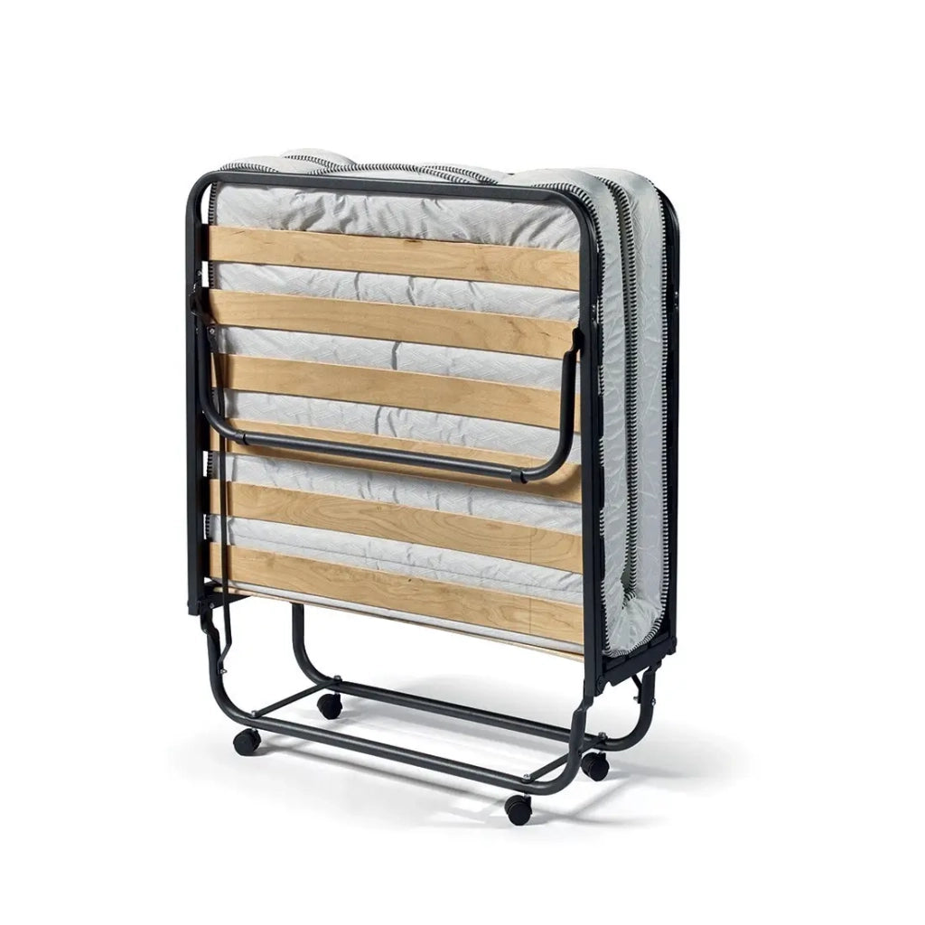 Letto pieghevole NAZARE – 90x200 cm in metallo nero con ruote, rete e materasso inclusi