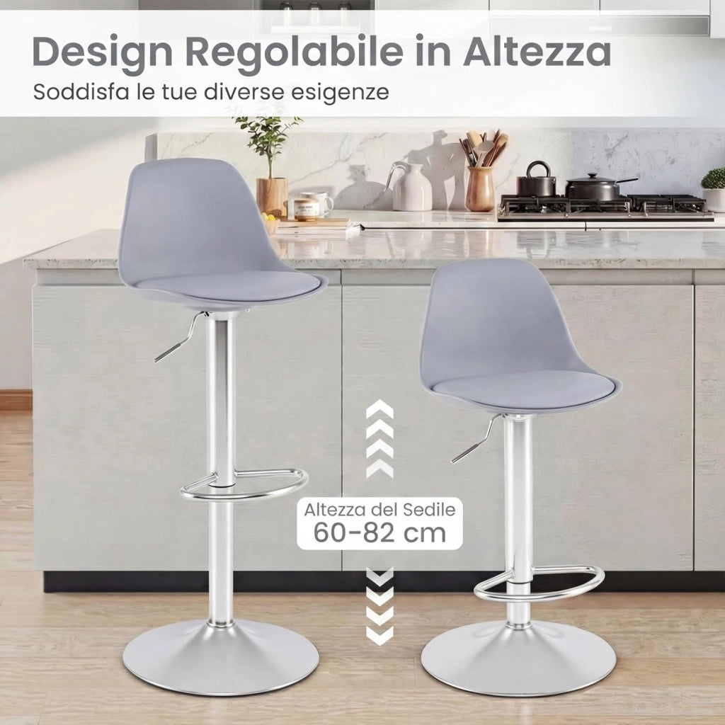 Set da 2 Sgabelli da Bar, Sedie da Banco alte Rivestite in Ecopelle con Schienale, Sedili Imbottiti e Poggiapiedi, Sgabelli Girevoli Regolabili per Bar Domestici e Isole Cucina (Grigio)