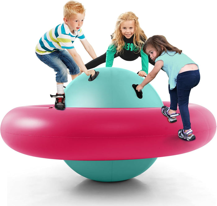 Giostra Gonfiabile a Pianeta per Bambini da 223CM per Inclinare, Arrampicarsi e Saltare con 6 Maniglie Incorporate, Giocattolo Spaziale per Esterno per Bambini dai 5 Anni+ (Rosa+Verde)