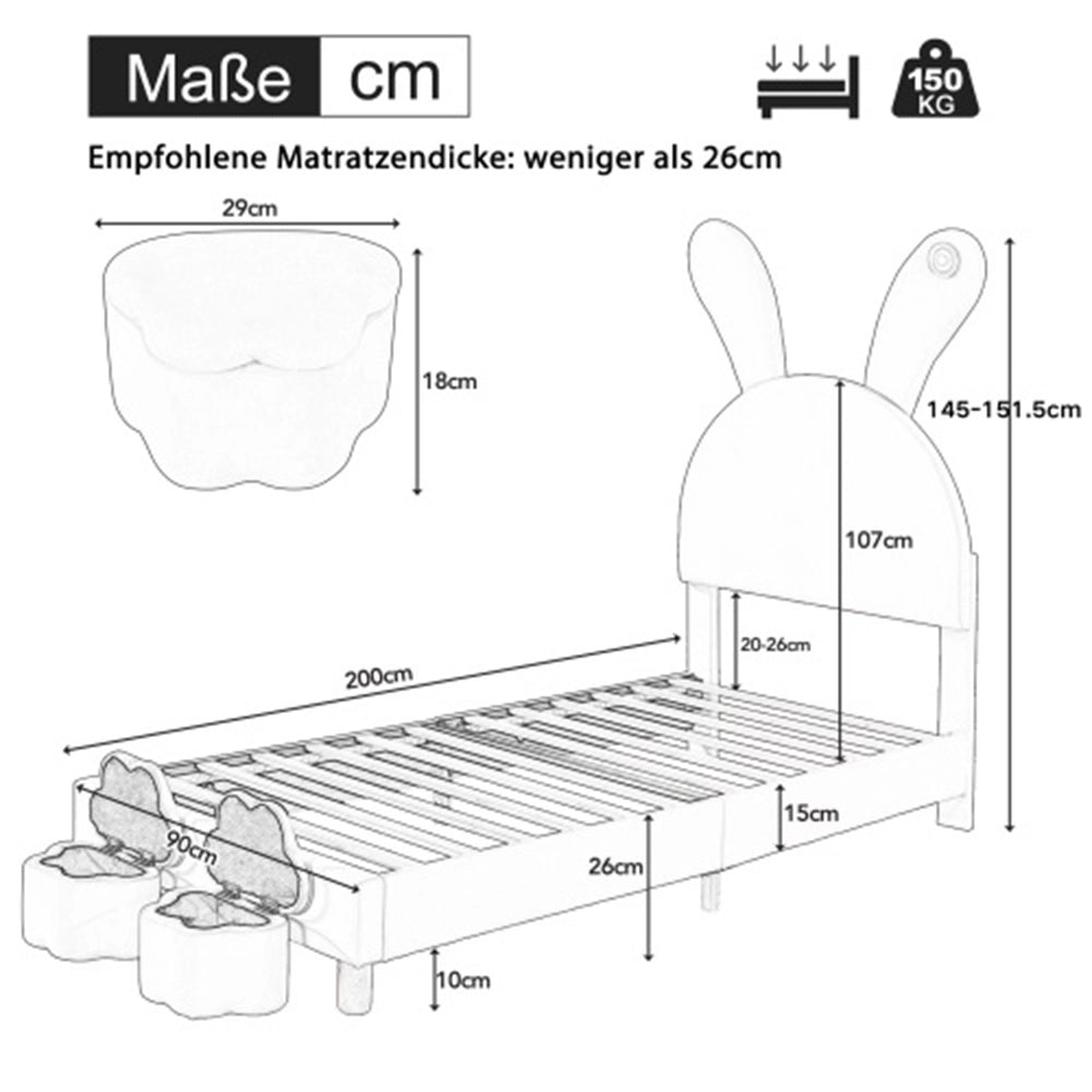 Lit LED per bambini con tabouret - Xylo - 90x200 cm - Rosa - Testiera regolabile