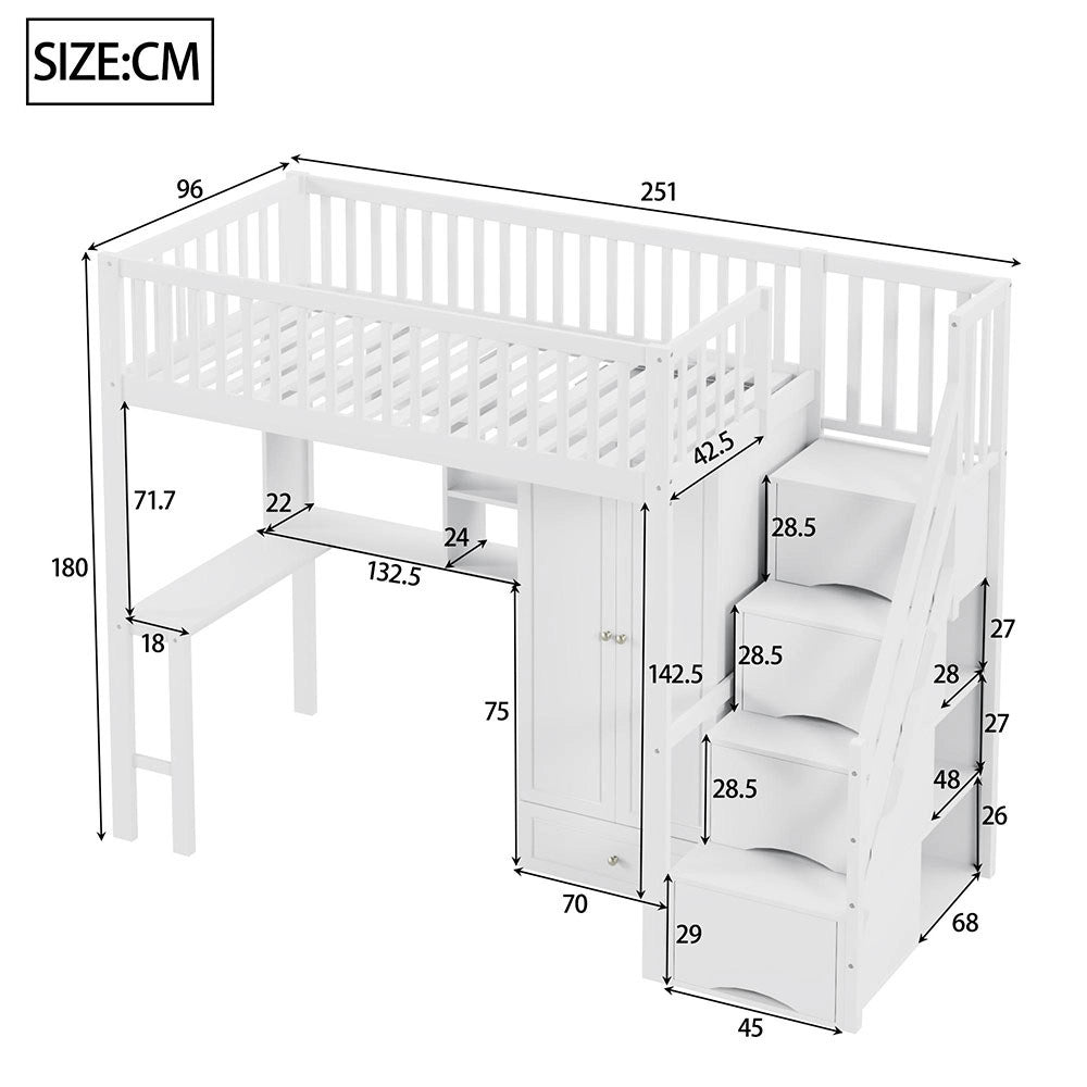 Letto a Soppalco Multifunzione – Xylo – 90x200cm, Legno Bianco, Grande Armadio, Scaffale, Tavolo, Scala, Ripostiglio