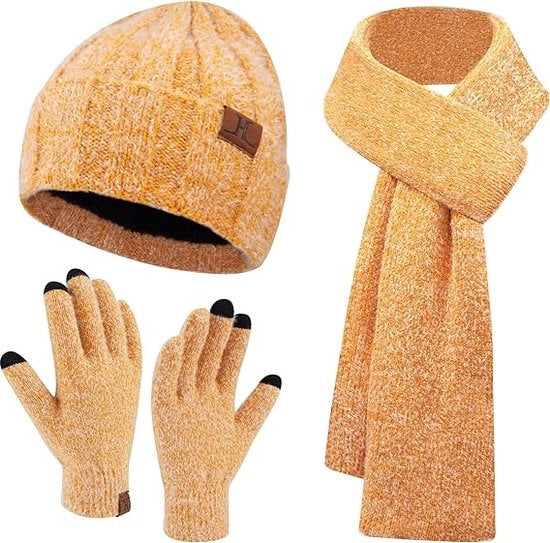 Set di accessori caldi per donne, composto da berretto di lana, guanti touchscreen e sciarpa lunga, con berretto di lana imbottito, sciarpa, guanti di lana, guanti caldi e guanti di lana a maglia.