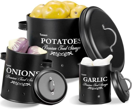 Set di conservazione patate [set di 3] - con circolazione a 360° dell'aria mantiene le verdure fresche per più tempo - il metodo ideale per la conservazione degli aglio e degli spicchi d'aglio (nero)
