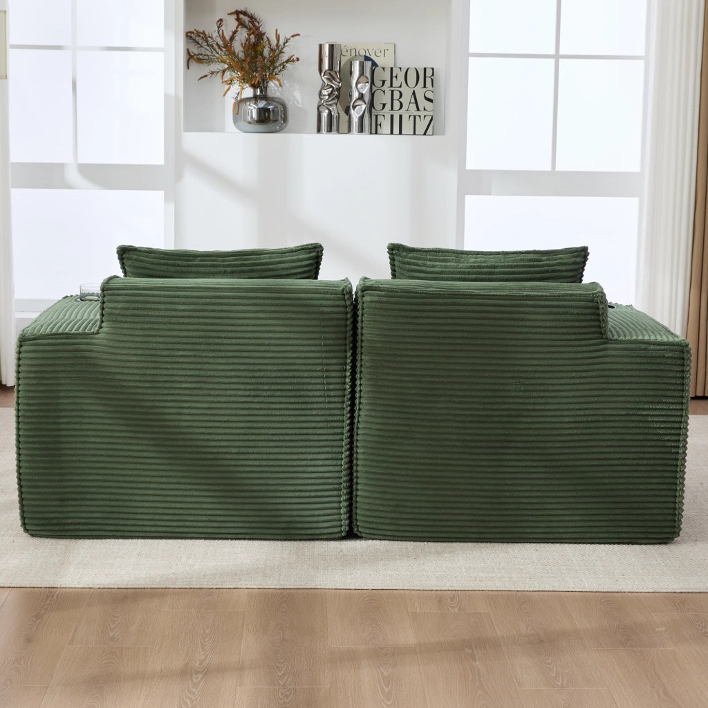 Divano modulare a 2 posti in velluto a coste con portabicchieri e tasche laterali verde 188 × 90 × 75 cm