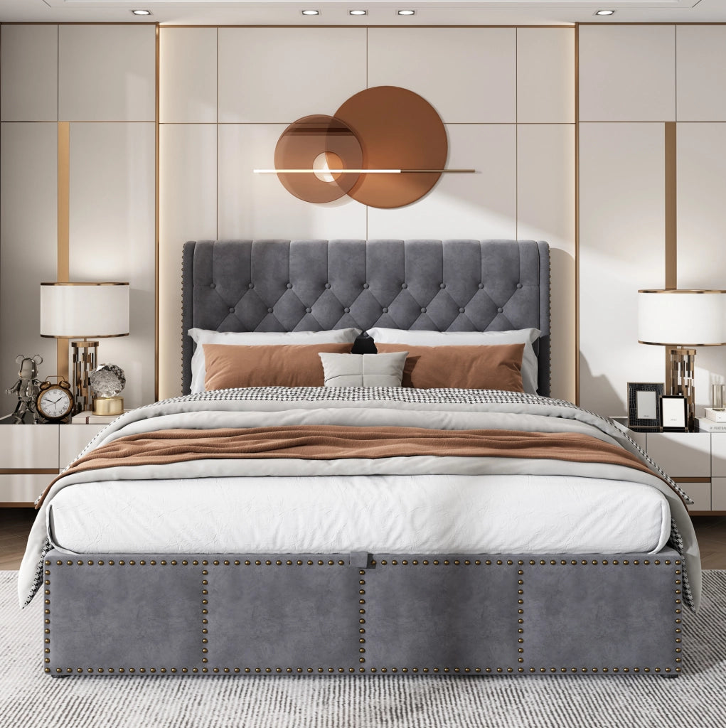 Letto imbottito 140x200 cm in velluto grigio con contenitore; rete a doghe inclusa; senza materasso