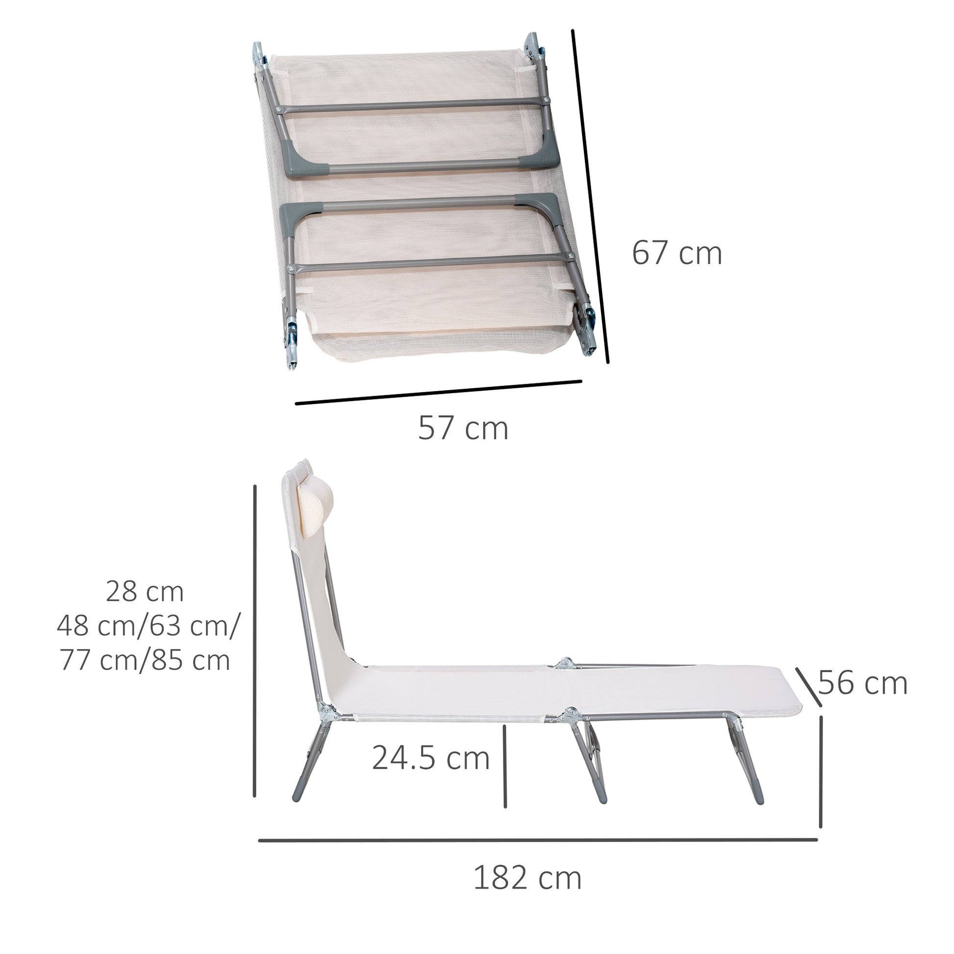Sdraio da Giardino 182x56x28 cm Pieghevole con Schienale Reclinabile e Cuscino in Metallo e Texteline Crema