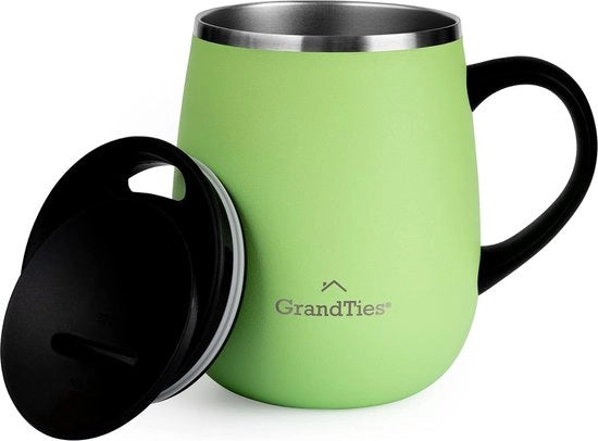 Tazza da caffè isolata con manico e coperchio scorrevole per bicchiere termico a forma di bicchiere da vino da 16 oz con doppio strato di acciaio inox a vuoto per mantenere caldi o freddi i liquidi e freschi gli ingredienti.