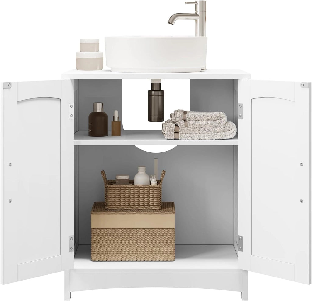 Mobile Sottolavabo per Bagno con 2 Ante, Mobile da Bagno Autoportante con Ripiano Regolabile e 2 Scomparti, in MDF, Bianco, 50x30x60 cm