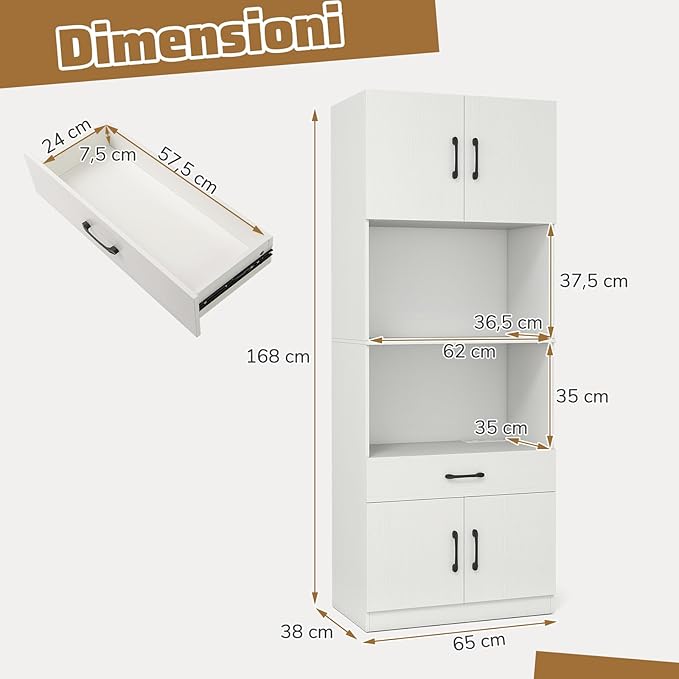 Credenza da Cucina Salvaspazio, Mobile Dispensa con Stazione di Ricarica, 4 Ante, 2 Ripiani Regolabili e 1 Cassetto, Armadio Alto per Soggiorno e Sala da Pranzo, 65 x 38 x 168 cm