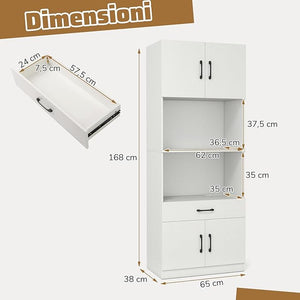 Credenza da Cucina Salvaspazio, Mobile Dispensa con Stazione di Ricarica, 4 Ante, 2 Ripiani Regolabili e 1 Cassetto, Armadio Alto per Soggiorno e Sala da Pranzo, 65 x 38 x 168 cm