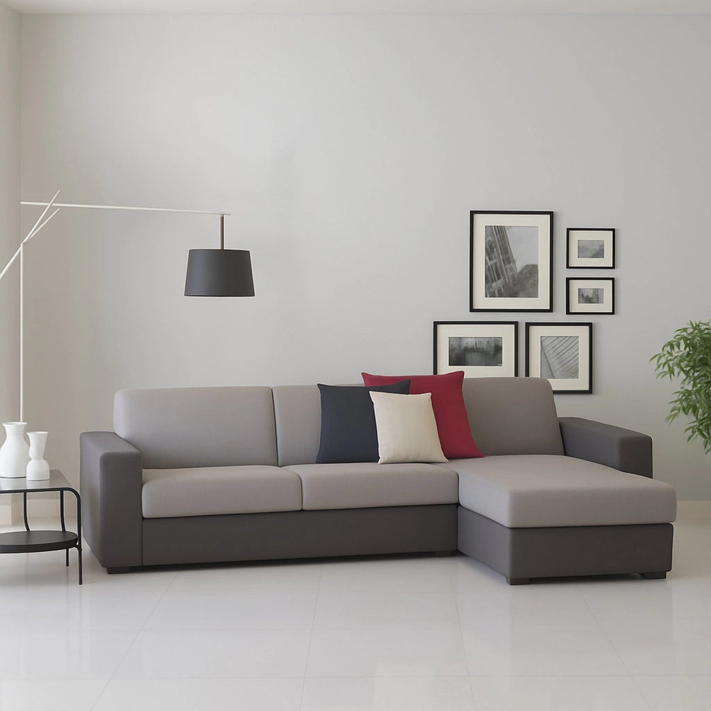 Divano fisso Atos, Divano ad angolo, Made in Italy, SofÒ  Soggiorno, con Penisola contenitore reversibile, in tessuto imbottito, con Braccioli standard, cm 280x95h90, Grigio e Antracite