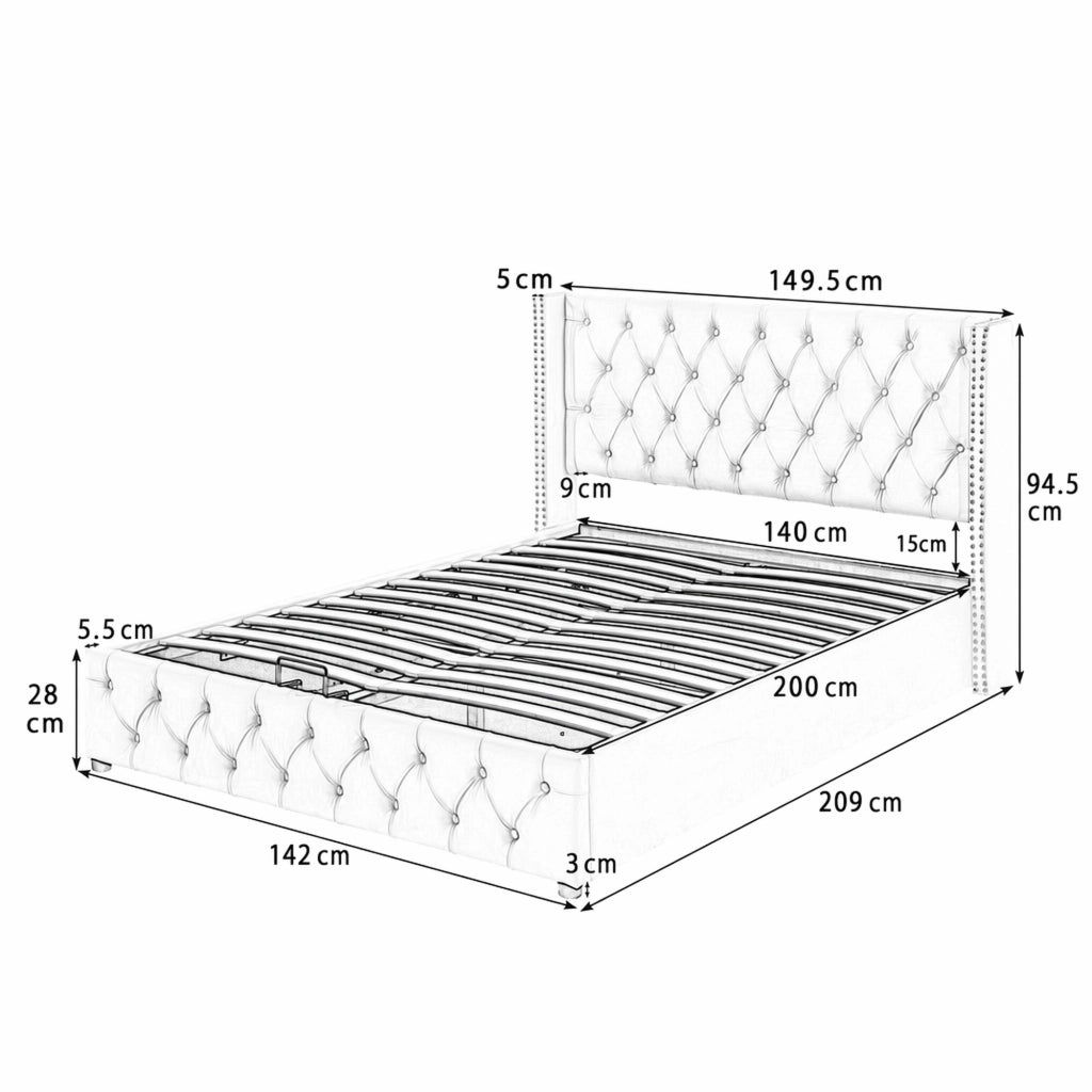 DESMIU Letto contenitore 140 × 200 cm 2 posti con sollevamento idraulico, senza materasso, in velluto, beige