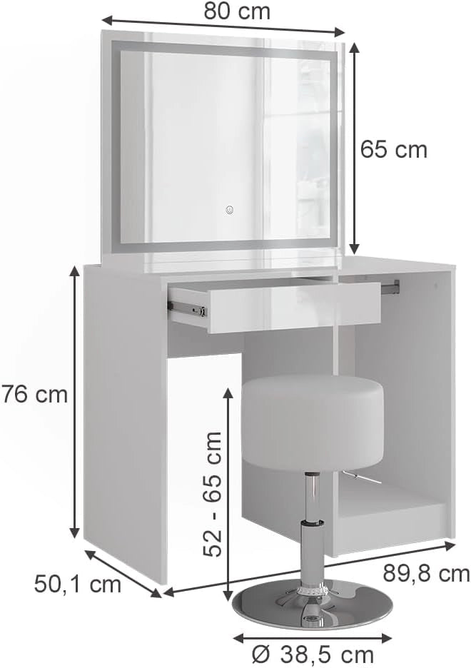 Tavolo da toeletta Sherry, Bianco/bianco lucido, 89.8 cm con specchio LED e sgabello