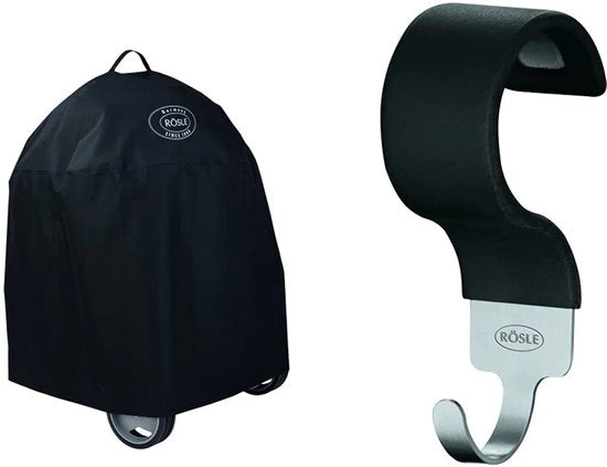 Hoes di Protezione per Griglia a Carbone H90/H90 AIR, Copertura di alta qualità in 100% poliestere & set di ganci, Ganci di alta qualità per Griglia a Carbone H90/H100, acciaio inossidabile 18/10, silicone, 5 pezzi