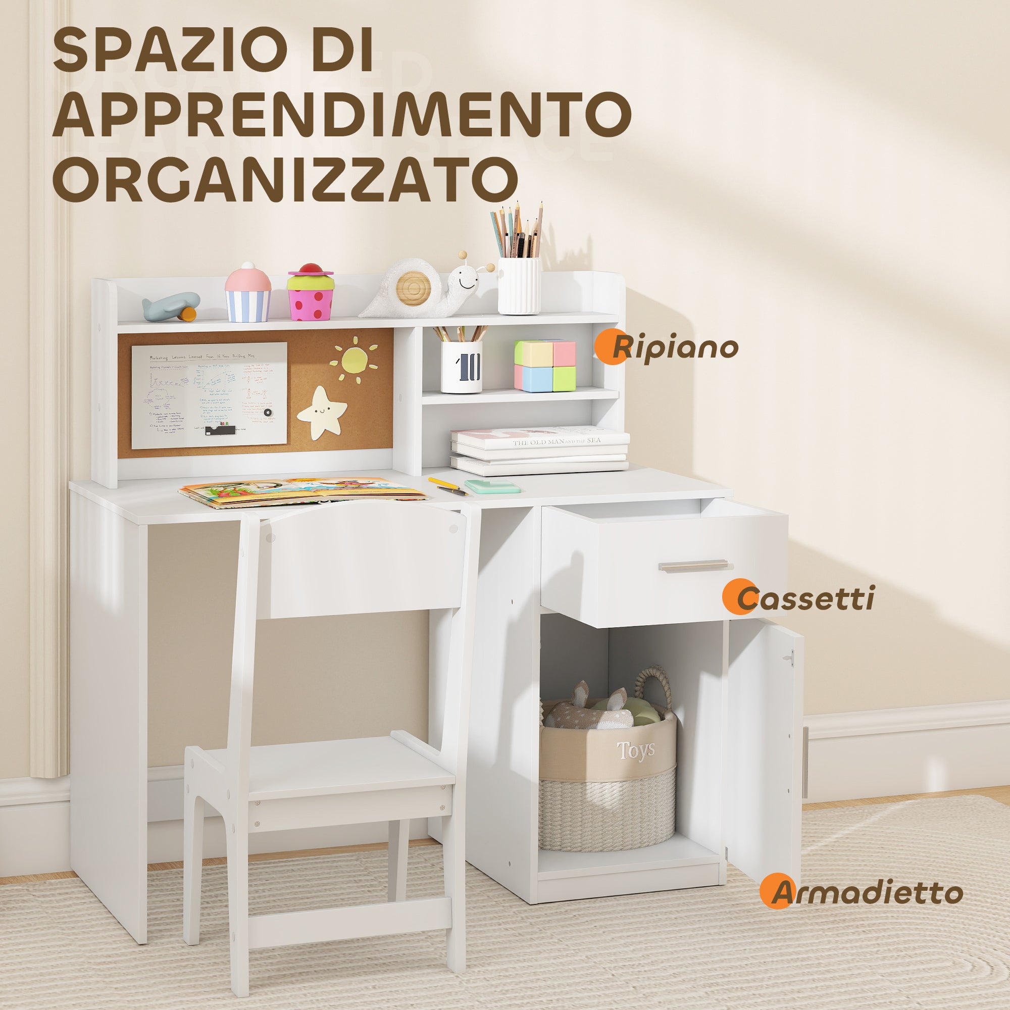 Set Scrivania e Sedia per Bambini con Scaffali Armadietto Cassetto in MDF Bianco