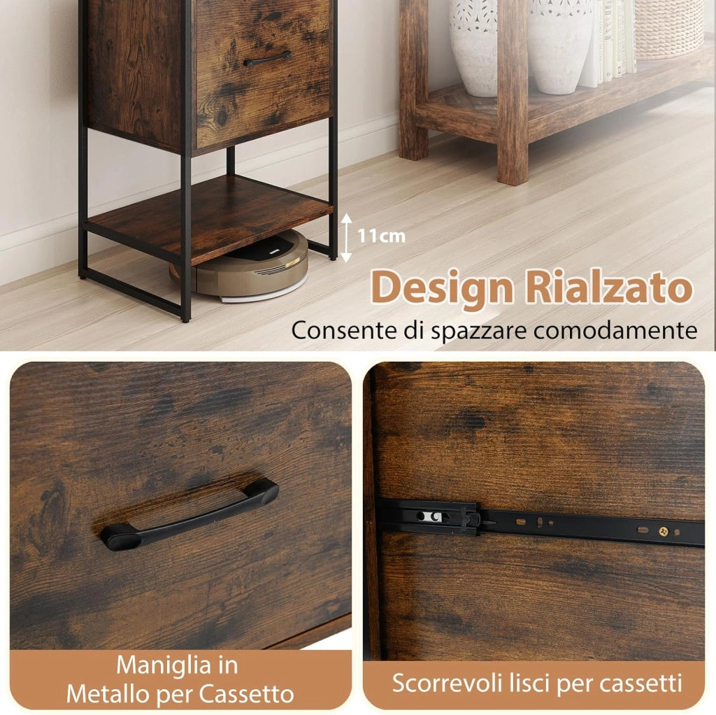 Libreria a 5 Ripiani con Cassetto, Scaffale di Stoccaggio con Struttura in Metallo e Kit Antiribaltamento, Unità Espositiva Autoportante per Camera da Letto Soggiorno, 45x35x160 cm (Marrone)