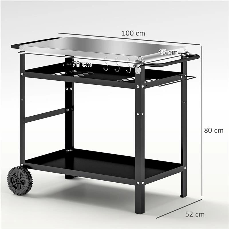 CARRELLO PER BARBECUE CON PIANO IN ACCIAIO E RIPIANO REGOLABILE, RUOTE E GANCI 100X52X80 CM NERO