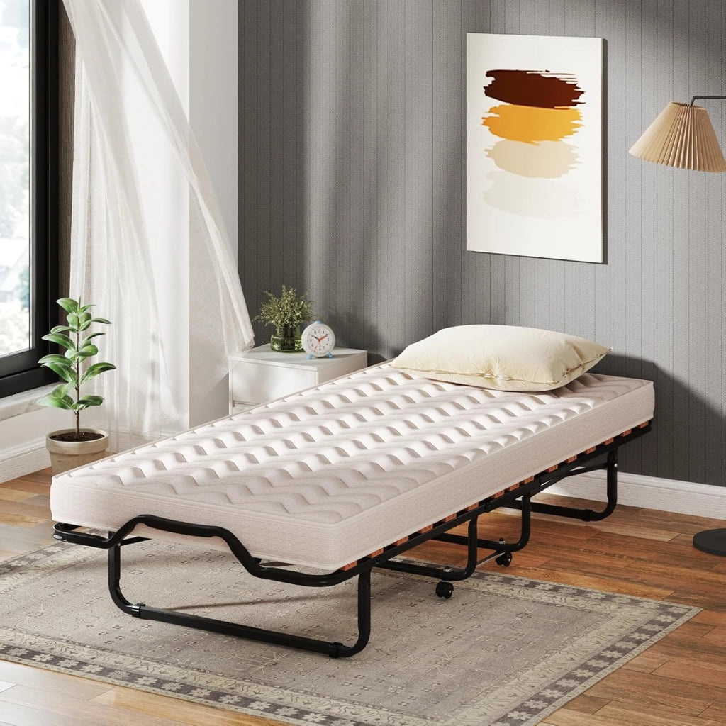 Brandina Pieghevole con Materasso, Struttura Metallica, Materasso in Memory Foam, Trapuntatura a Onda con Imbottitura a Doppia Fibra, 200x90x41 cm, Made in Italy (Stile 2 Beige)