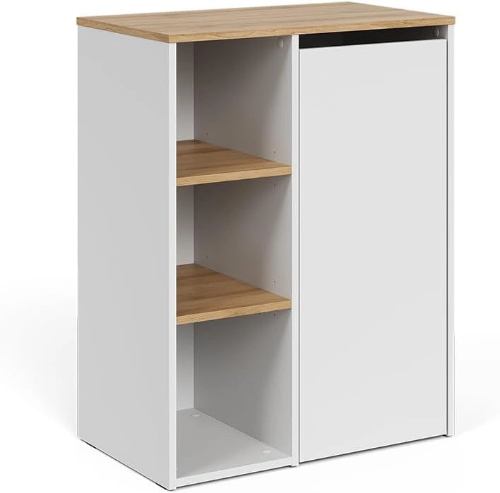armadietto da bagno con portabiancheria Viktor, Bianco/Artisan, 68 x 88.2 cm con ripiani aperti e cesto portabiancheria, con cesto della biancheria integrato per una conservazione discreta