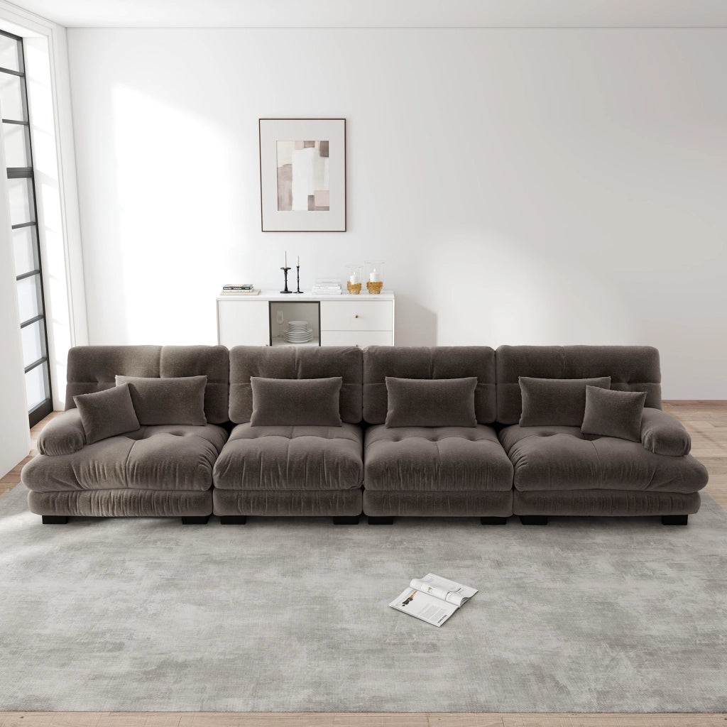 Divano angolare modulare 4 posti con seduta profonda e cuscini, in chenille marrone per soggiorno 406 × 77 × 81 cm