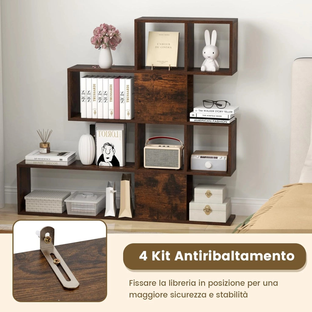 Libreria in Legno, 5 Livelli con Ante, Scaffale Multifunzionale a Forma di Scala, Ideale per Soggiorno Studio Ufficio, 120x19,5x109cm (Marrone)