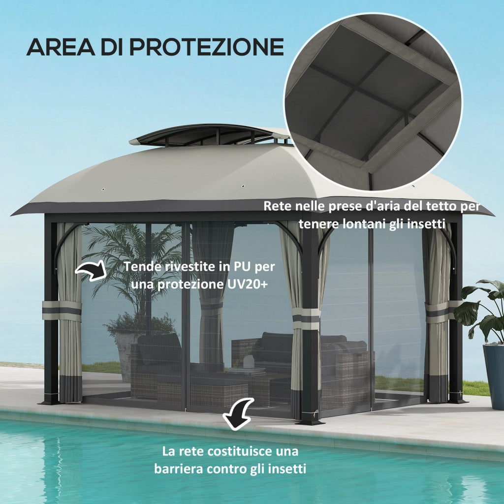 Gazebo da Giardino 395x330x294 cm con Zanzariere e Doppio Tetto in Metallo e Poliestere Grigio Chiaro