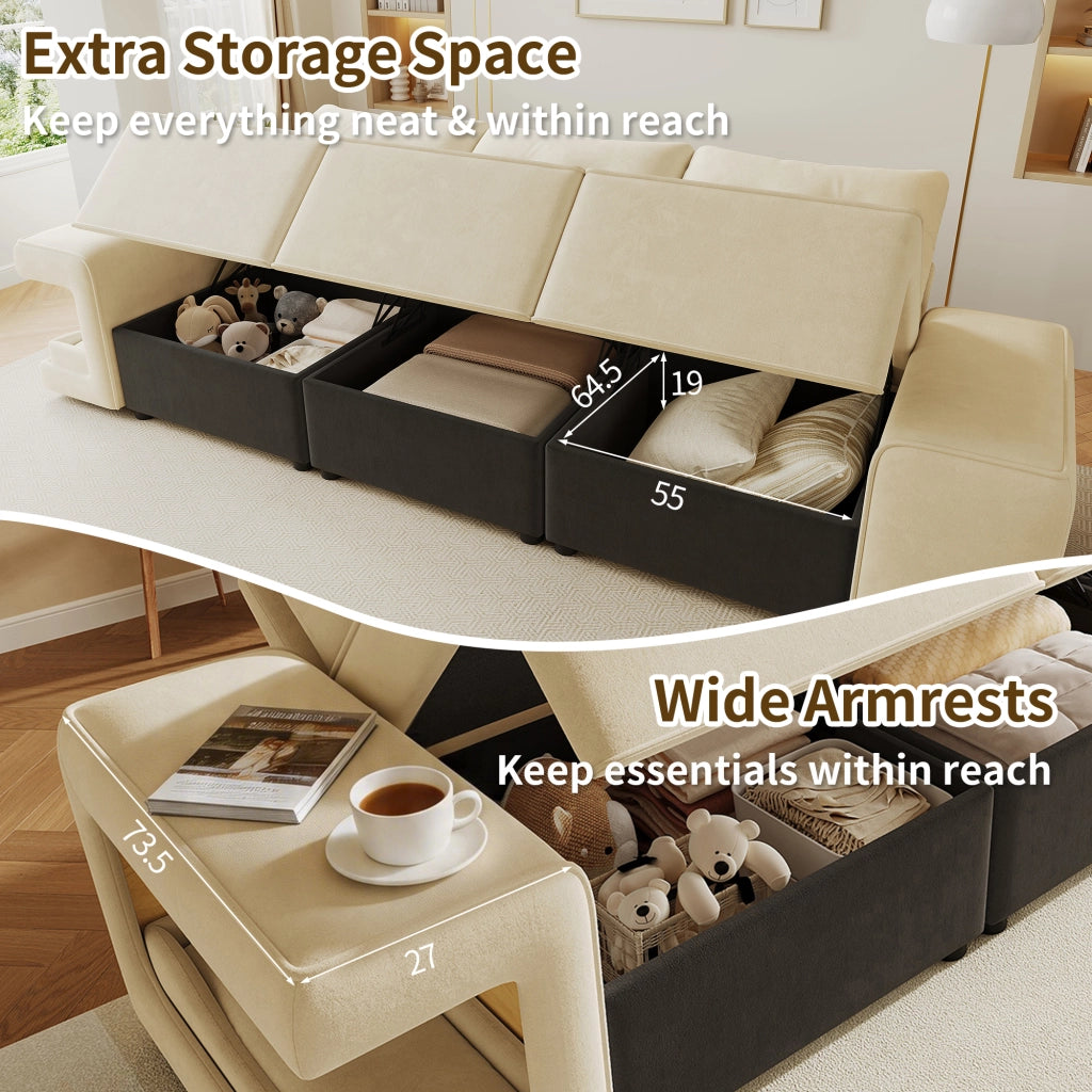 Divano modulare a 3 posti in velluto beige con vani contenitore nicchie imbottite laterali per animali e 2 cuscini