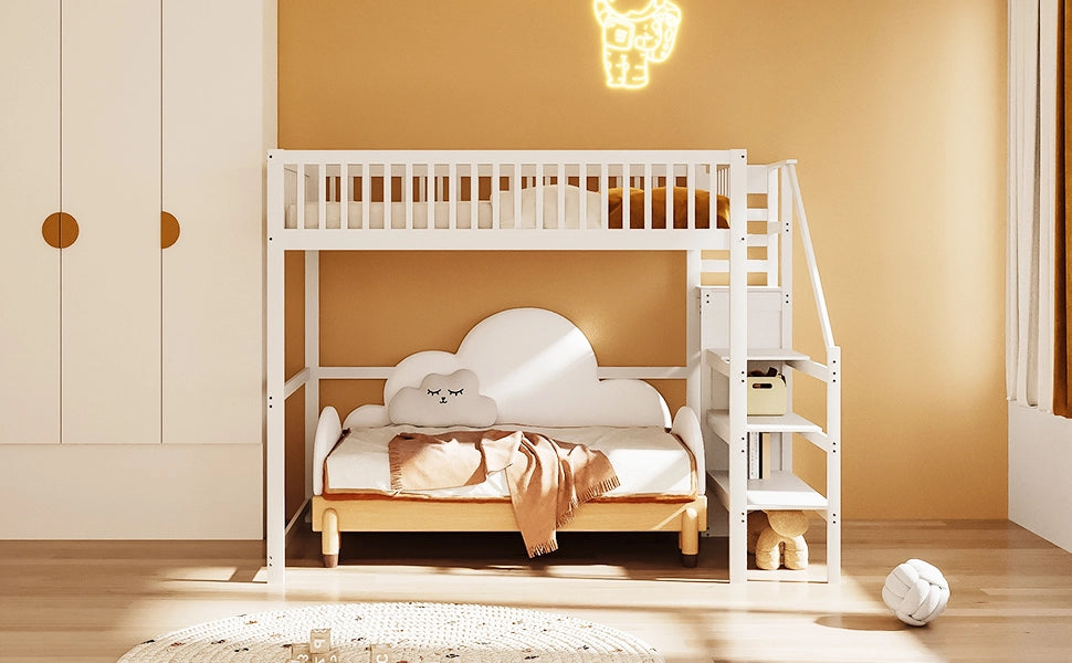DESMIU Letto a Soppalco Letto Matrimoniale con Scala, Armadio e Ripiani, 140 × 200 cm, senza materasso, Bianco
