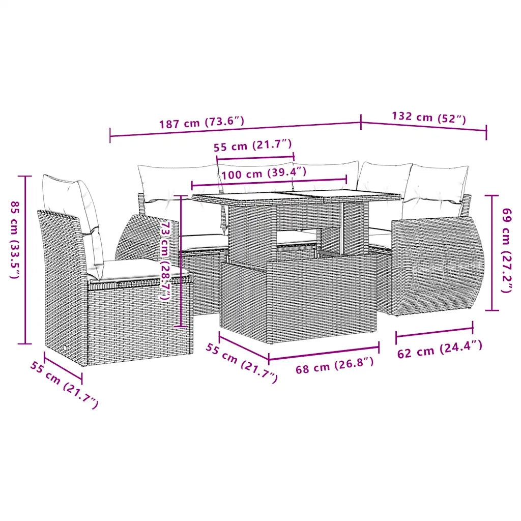 Set Divano da Giardino 6 pz con Cuscini Nero in Polyrattan