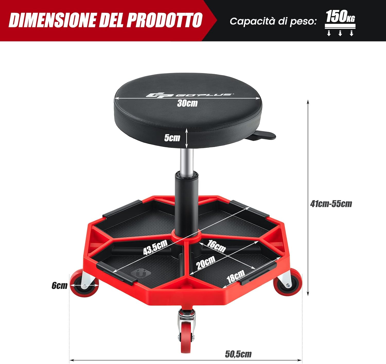 Sgabello da Officina con Ruote, con Ripiano per Attrezzi e Viti, Portata di 150 kg, Altezza Regolabile e Girevole, Sedia Meccanico per Garage, Officina