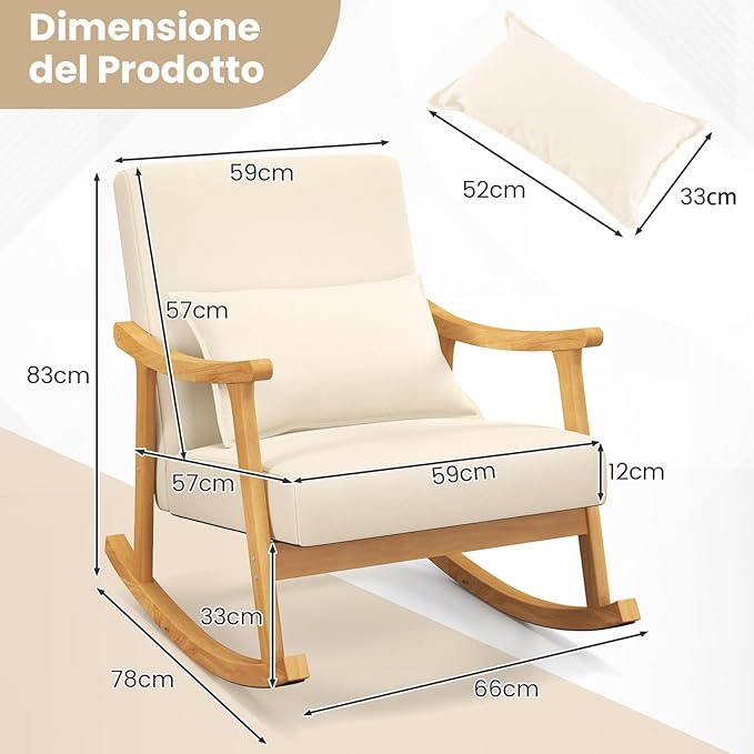 Sedia a Dondolo, Sedia Ergonomica Relax con Schienale Alto e Cuscino Seduta Imbottito, Struttura in Legno di Gomma Naturale e Cuscino Lombare Morbino, Poltrona Moderno per Soggiorno (Beige)