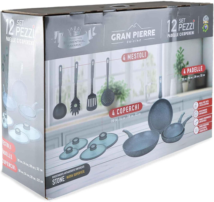 Set di Padelle con Coperchi 12 Pezzi, Induzione Manico Resistente al Calore, Granito e Marmo, Padelle Antiaderente, 20/24/28/32 cm + 4 Mestoli Inclusi.