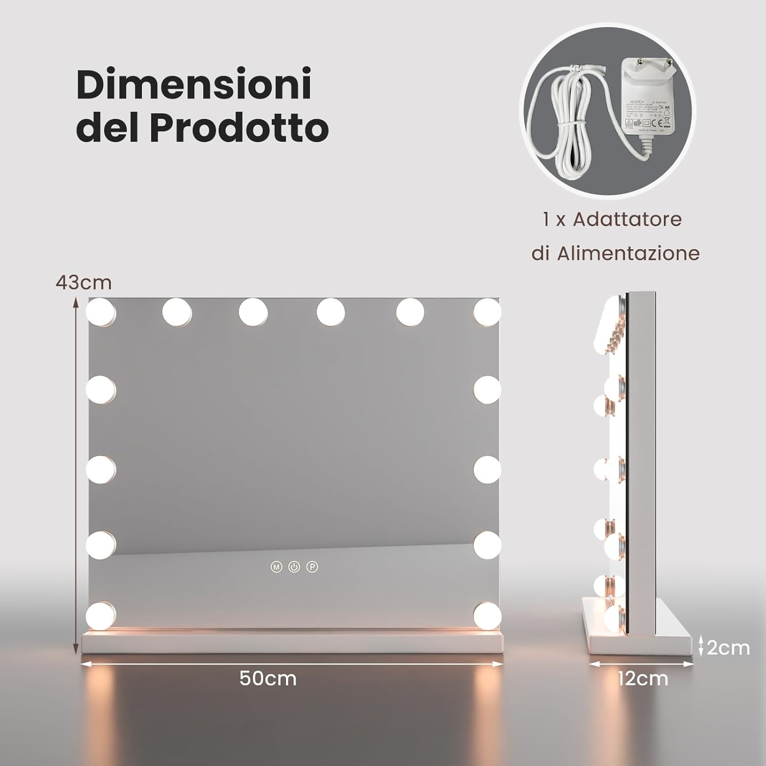Specchio per Trucco Illuminato, Specchio da Tavolo con 14 Luci LED e Specchio con Ingrandimento 5X, Specchio da Toeletta con 3 Colori e Luminosità Regolabile, 50x43 cm