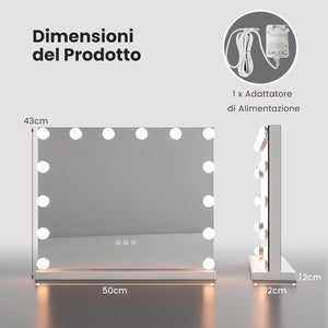 Specchio per Trucco Illuminato, Specchio da Tavolo con 14 Luci LED e Specchio con Ingrandimento 5X, Specchio da Toeletta con 3 Colori e Luminosità Regolabile, 50x43 cm