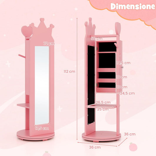 Armadio Portagioie per Bambini 36 x 36 x 112cm, Specchio da Terra a Forma di Corona con Ganci, Ripiani e Base Girevole, Toeletta per Cameretta (Rosa)