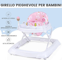 Girello per Bambini, Girello Pieghevole con Ruote, Altezza Regolabile di 3 Livelli, Cuscino del Sedile Rimovibile, per Bambini 6-36 Mesi (Rosa)