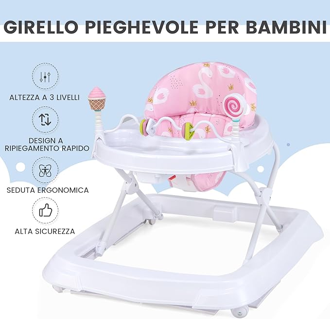 Girello per Bambini, Girello Pieghevole con Ruote, Altezza Regolabile di 3 Livelli, Cuscino del Sedile Rimovibile, per Bambini 6-36 Mesi (Rosa)